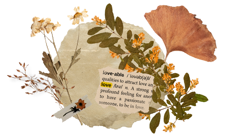 Collage of dried flowers, leaves, a torn paper with a definition of love, and a small white bird.