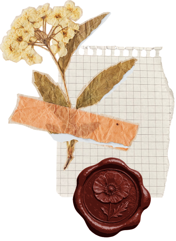Dried flower and leaf pressed onto a grid paper with glue, with a wax seal featuring a flower and leaves at the bottom.
