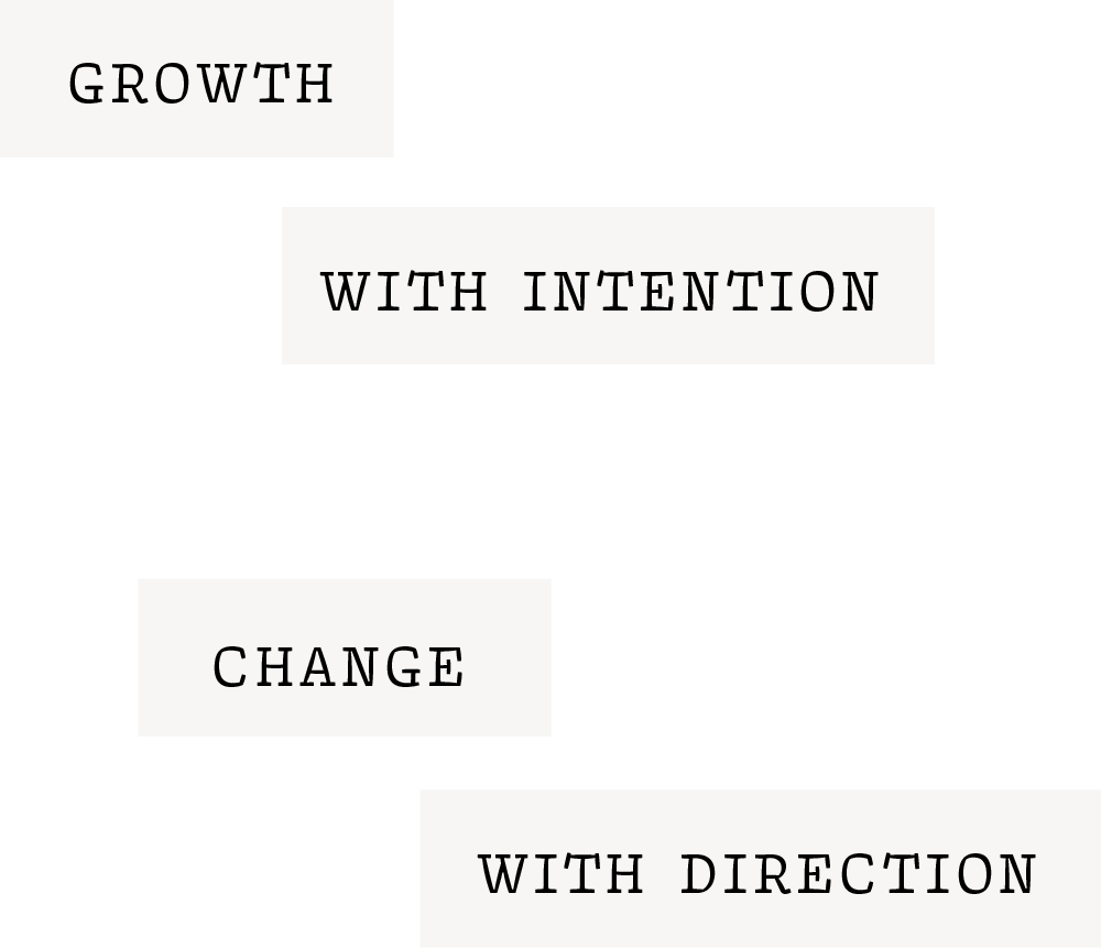 White text blocks displaying the words "GROWTH," "WITH INTENTION," "CHANGE," and "WITH DIRECTION."