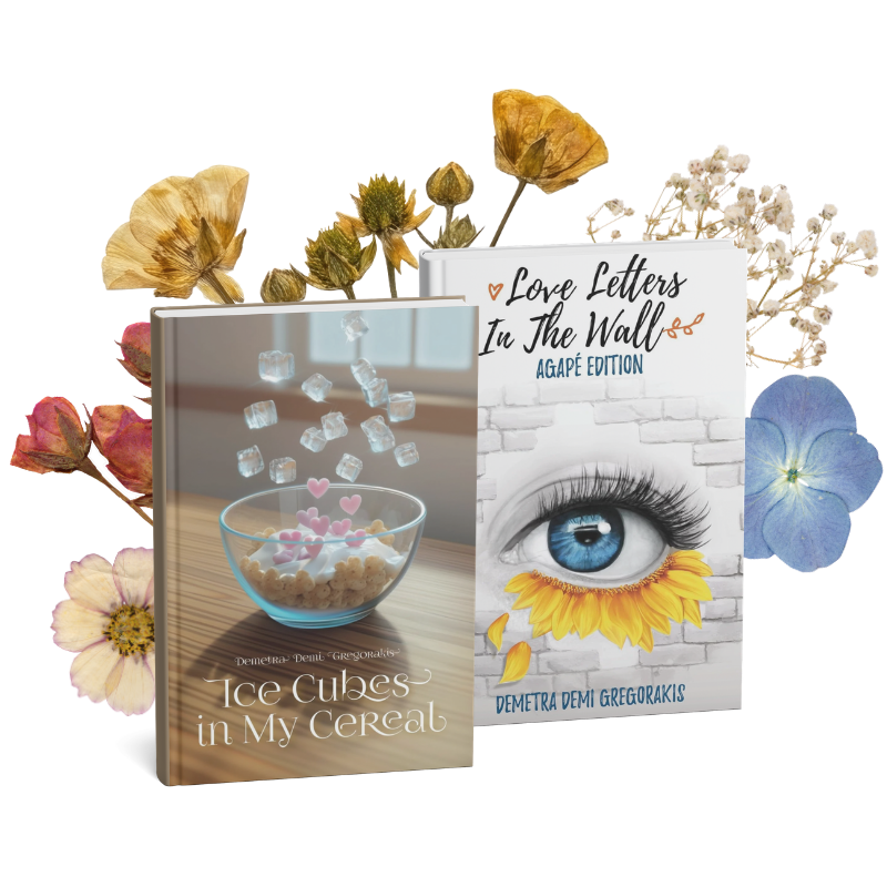 Two books titled "Ice Cubes in My Cereal" and "Love Letters in the Wall," surrounded by dried flowers and colorful petals.