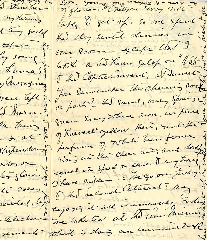 A close-up view of a handwritten letter on yellowed paper, featuring cursive handwriting with multiple overlapping lines.