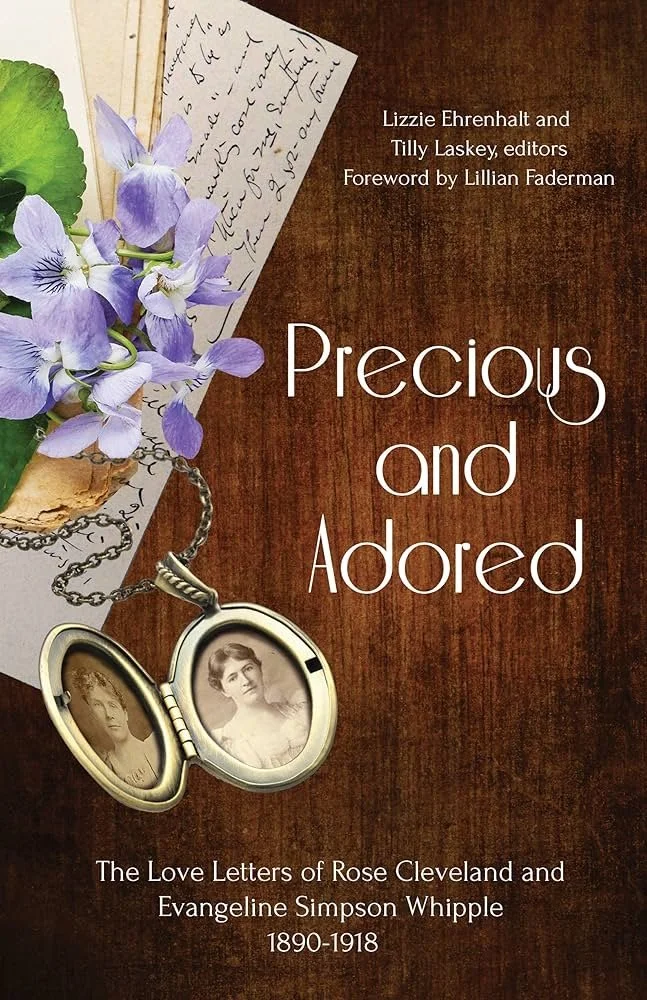 The cover of the book Precious and Adored by Lizzie Ehrenhalt, featuring purple flowers, a handwritten letter, and a locket with black-and-white photographs of two women.