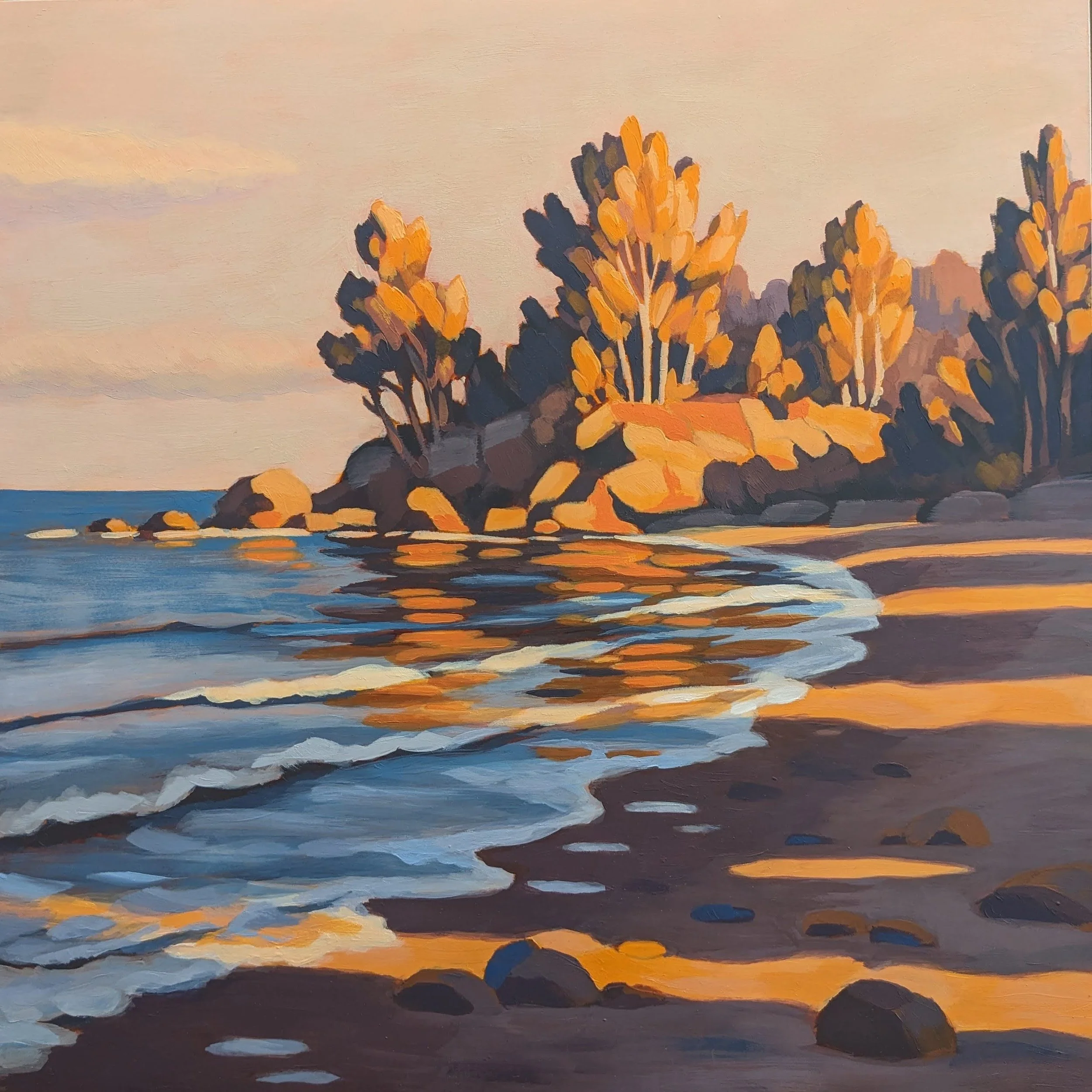A painting by Meg Dwyer Skiba of long shadows on a shoreline, inspired by Door County, Wisconsin at golden hour.