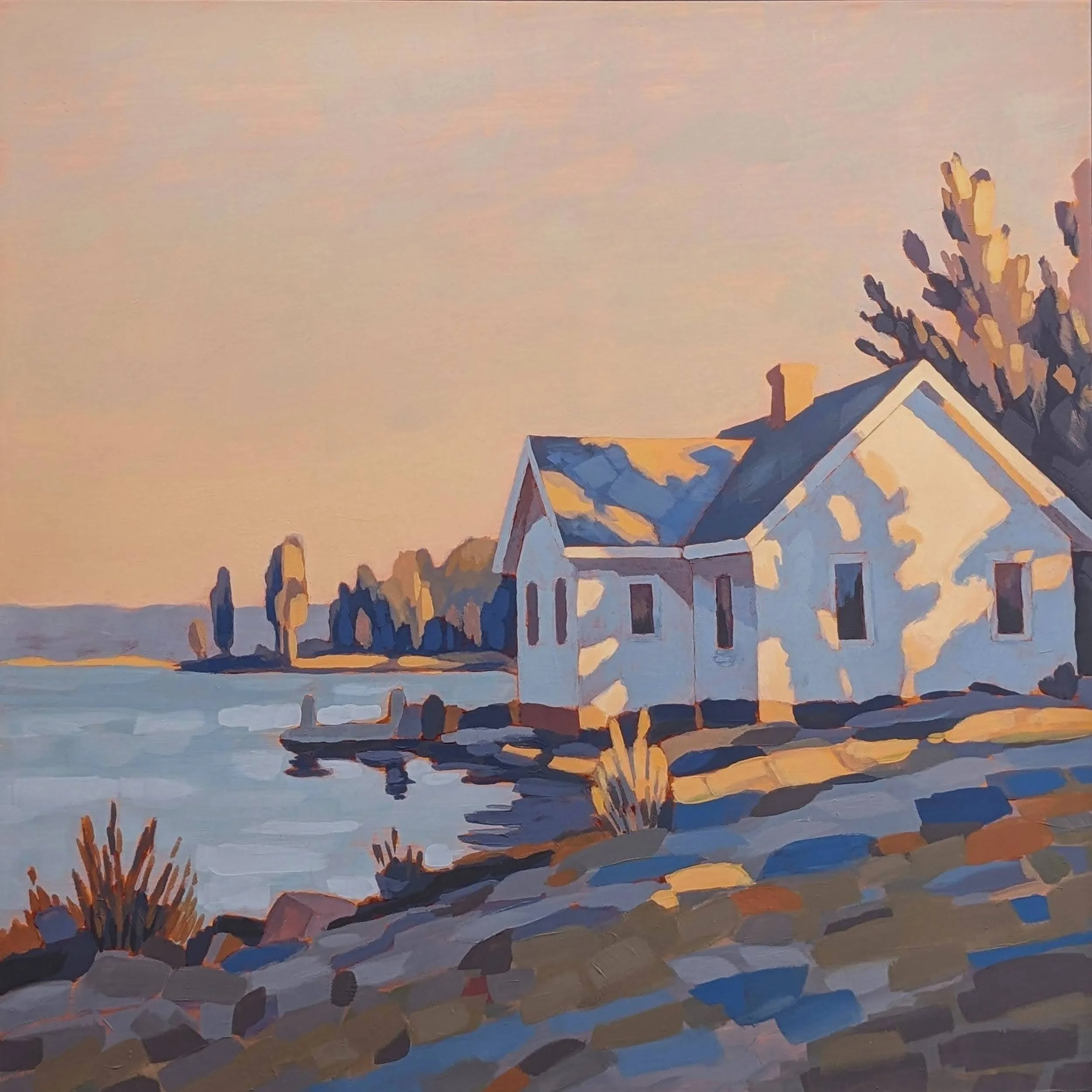 An acrylic painting by Meg Skiba of a white lake house dappled with morning light.
