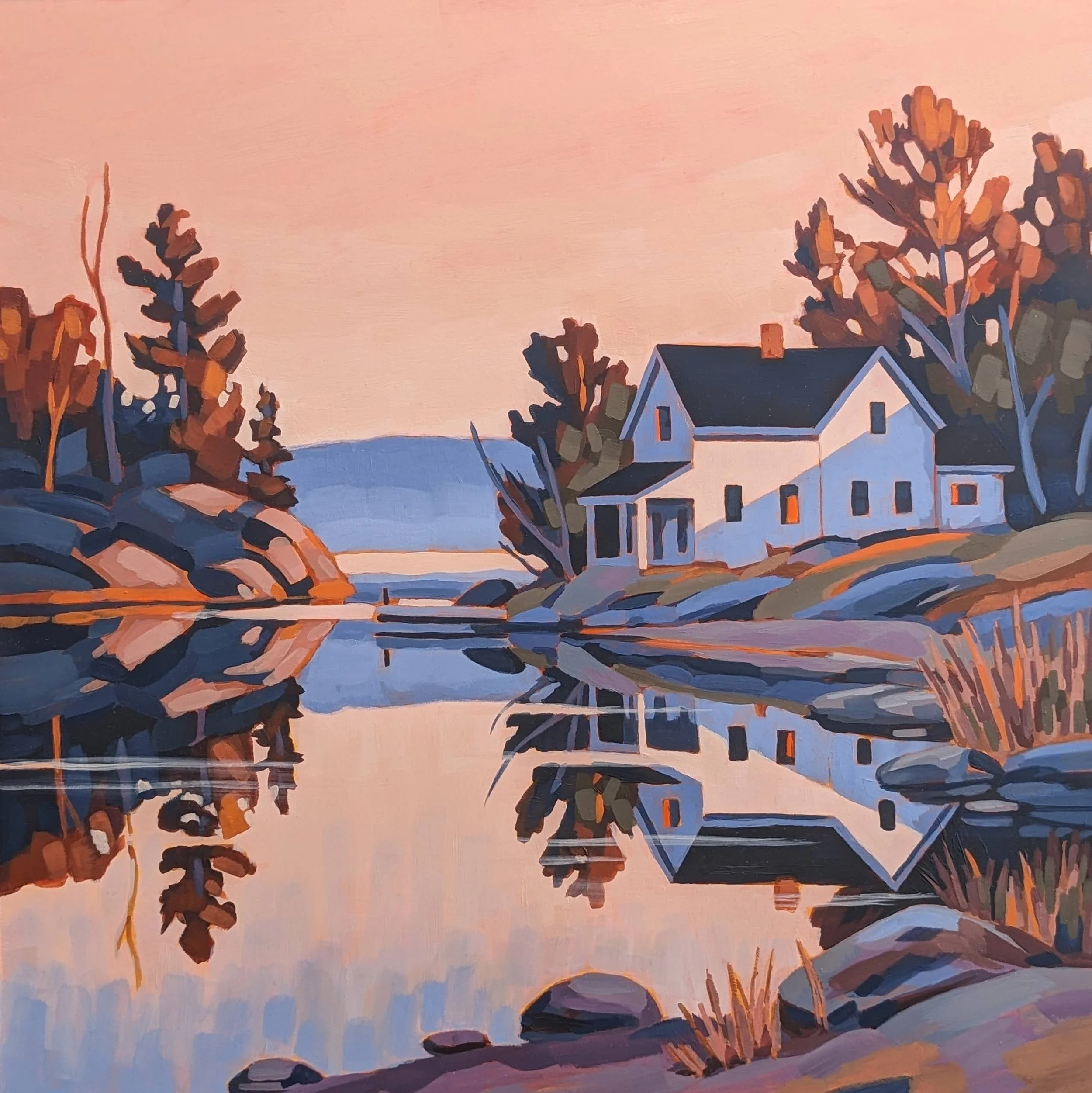 A painting by Meg Skiba depicting a house surrounded by trees during sunset or sunrise, with warm colors in the sky and reflections on the water.
