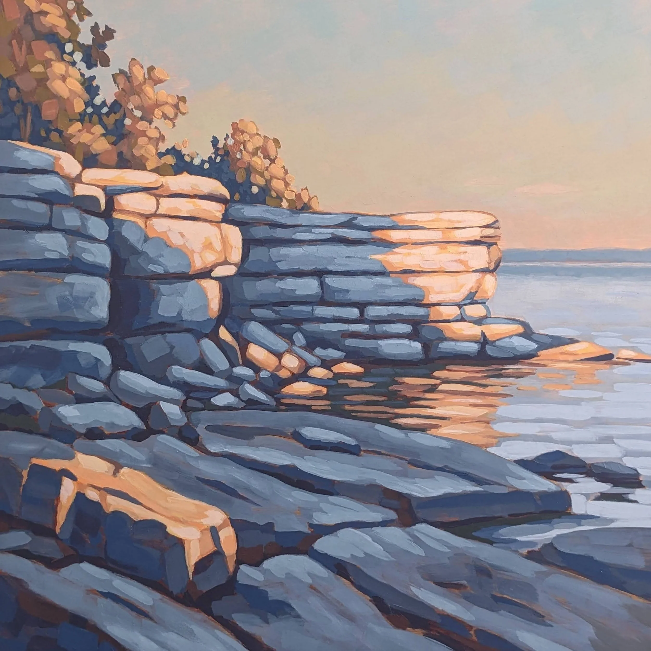 A painting by Meg Dwyer Skiba of a rocky limestone shoreline with trees and sky at sunset or sunrise, inspired by Door County, Wisconsin.