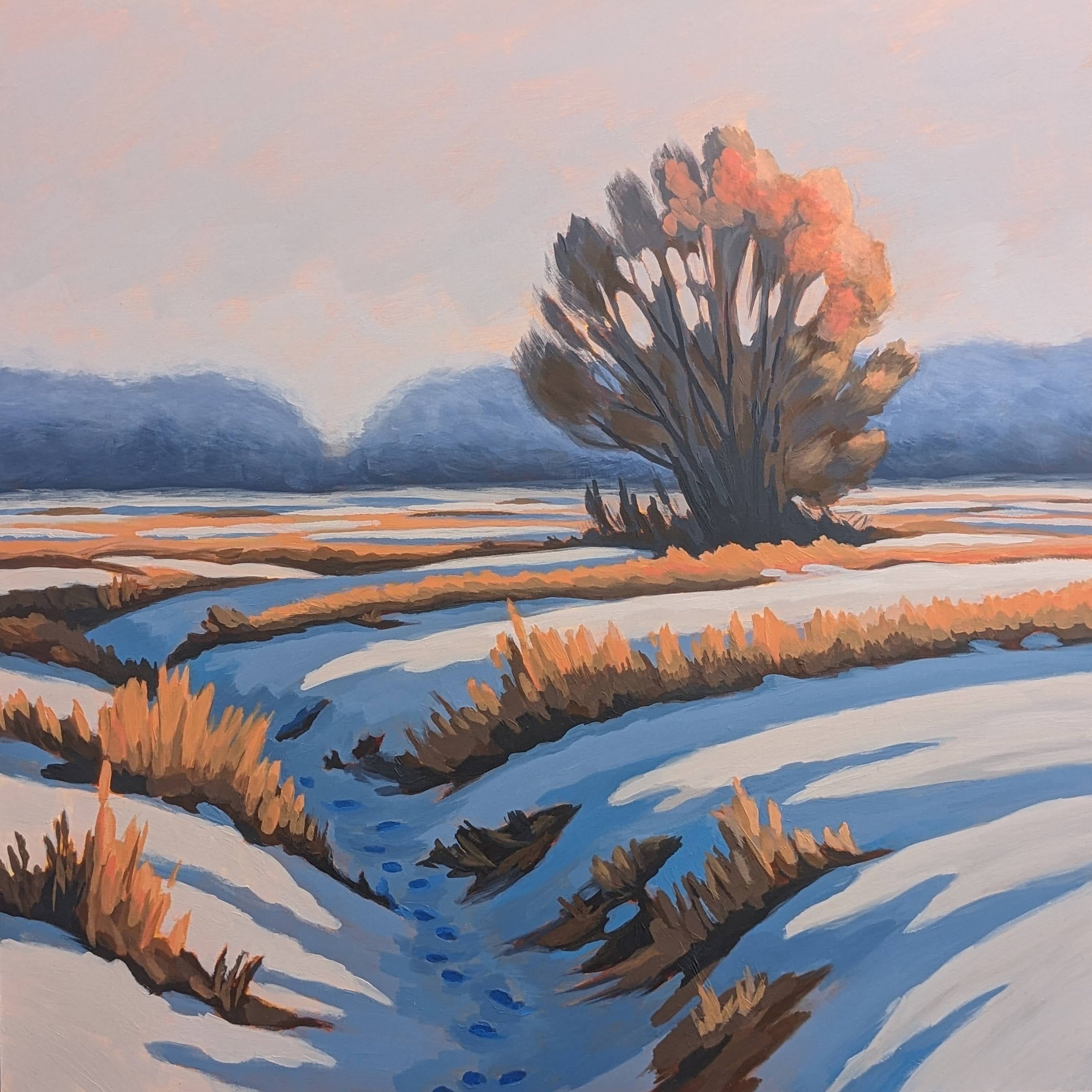A Midwest winter meadow painting by Meg Skiba of a snow-covered dry creek with animal footprints and a tree with autumn foliage.