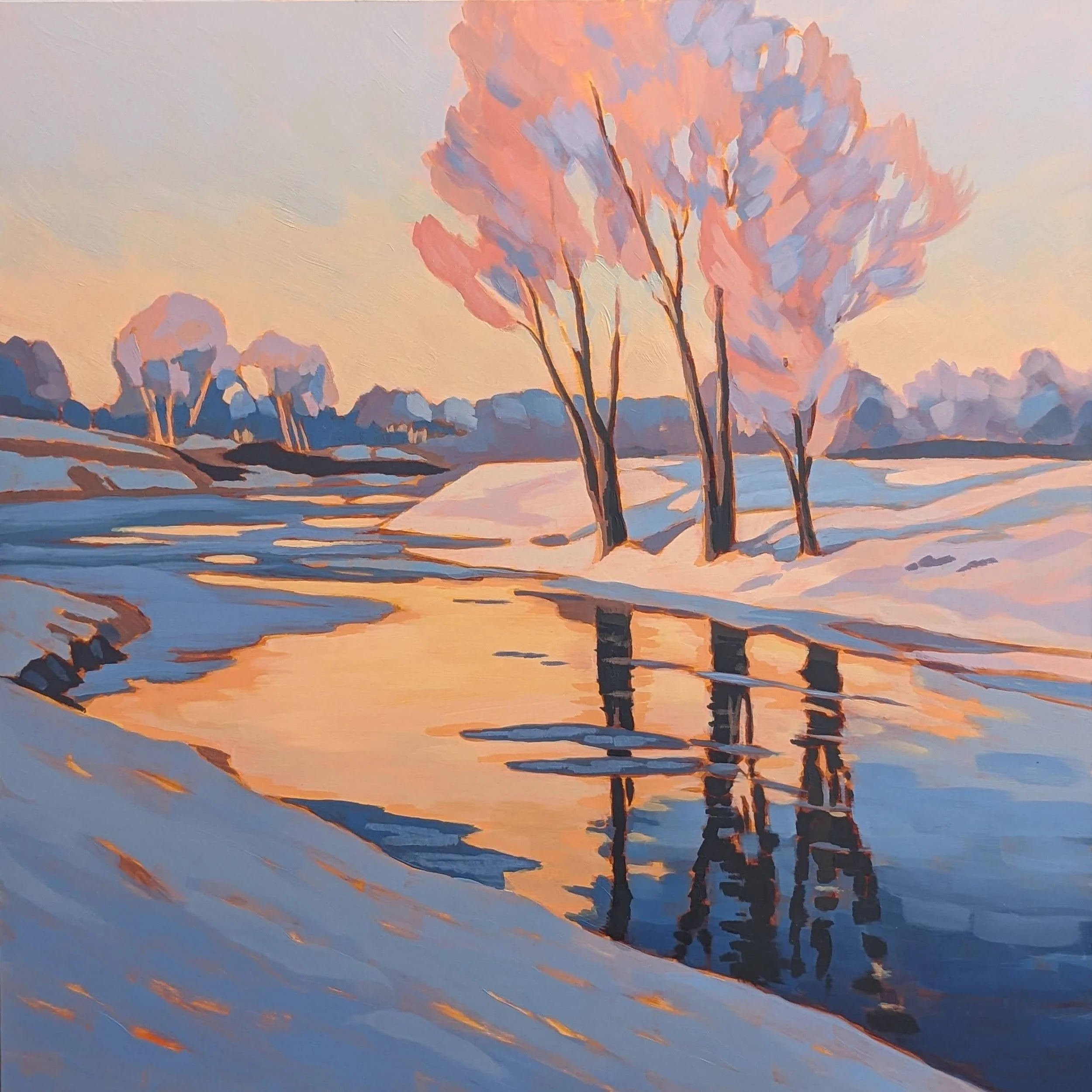 A landscape painting by Meg Skiba of trees near a frozen creek, with a soft pastel sky in shades of pink, orange, and purple.