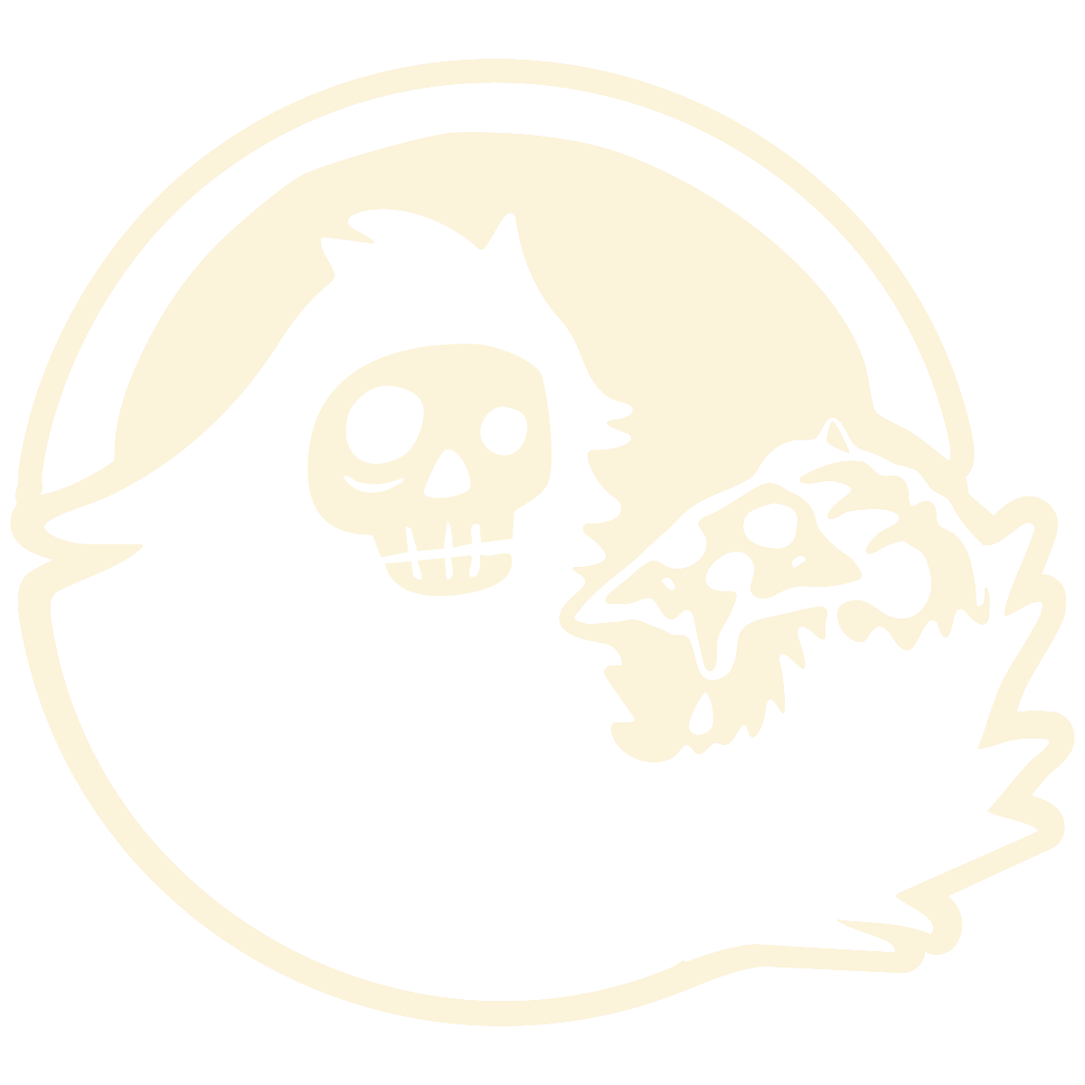 A black and white graphic of a Grim Reaper figure with a skull face, hood, and scythe, with a wolf skull on the side, inside a circular border.