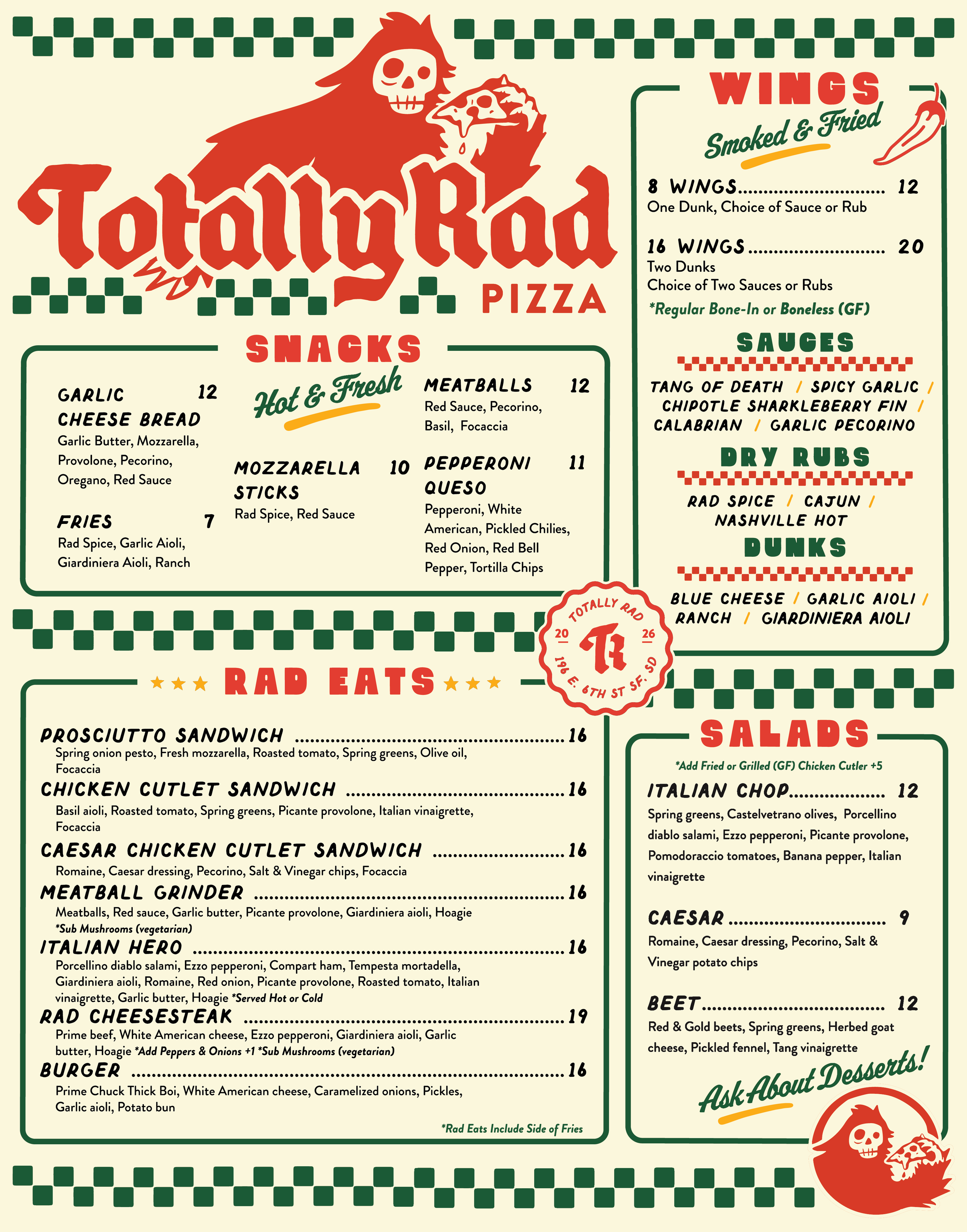 Menu for Totallied Pizza featuring wings, snacks, salads, and more, with a graphic of a skeleton face on a red creature holding pizza and wings, and a chili pepper illustration.