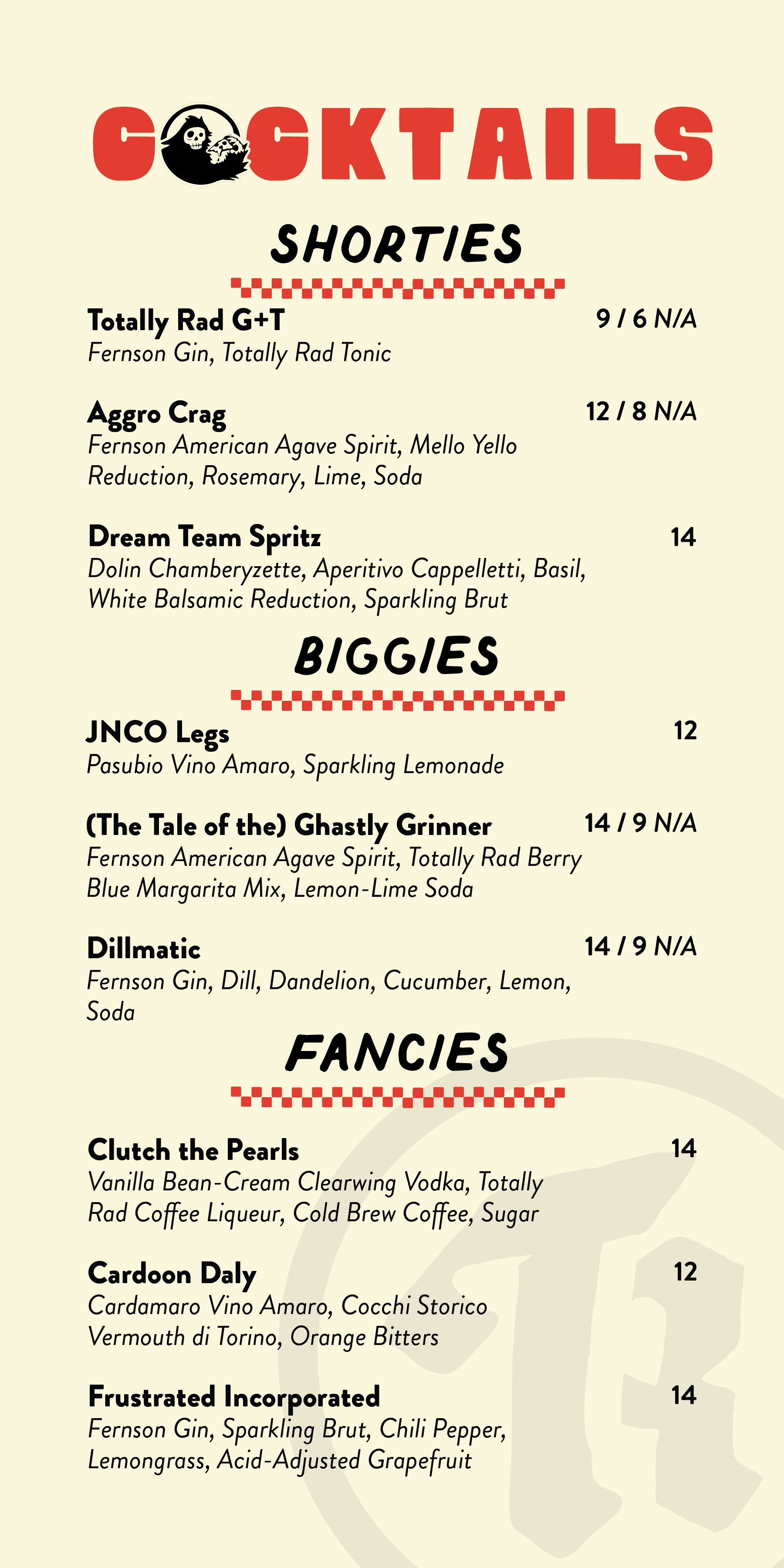 A menu titled 'Cocktails' with sections for 'Shorties,' 'Biggies,' and 'Fancies.' Each section lists various drinks with ingredients and prices.