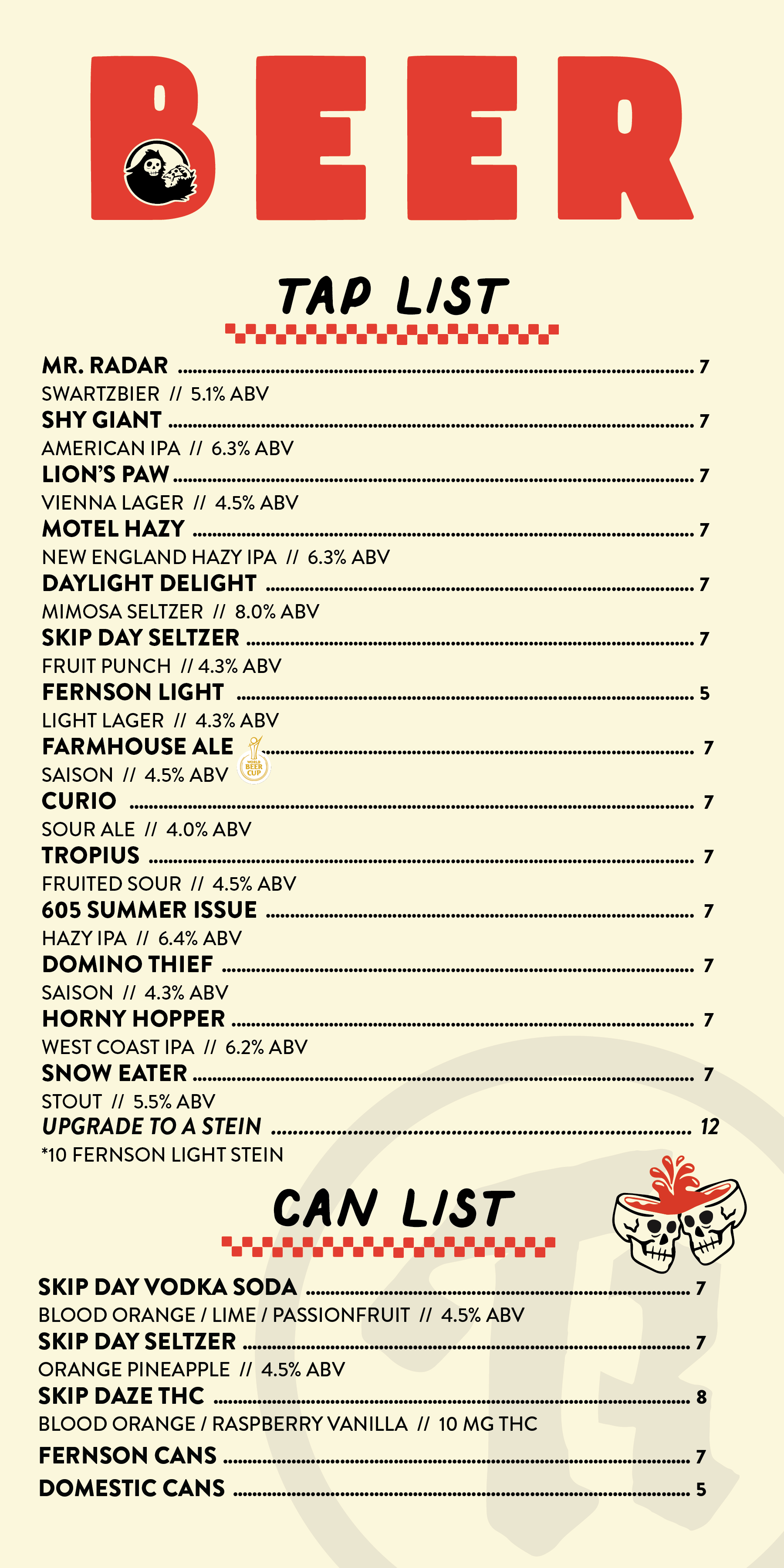 A beer menu listing various craft beers and their alcohol content, with a section titled 'CAN LIST' that includes some canned beverage options, on a light background with decorative skull graphic.
