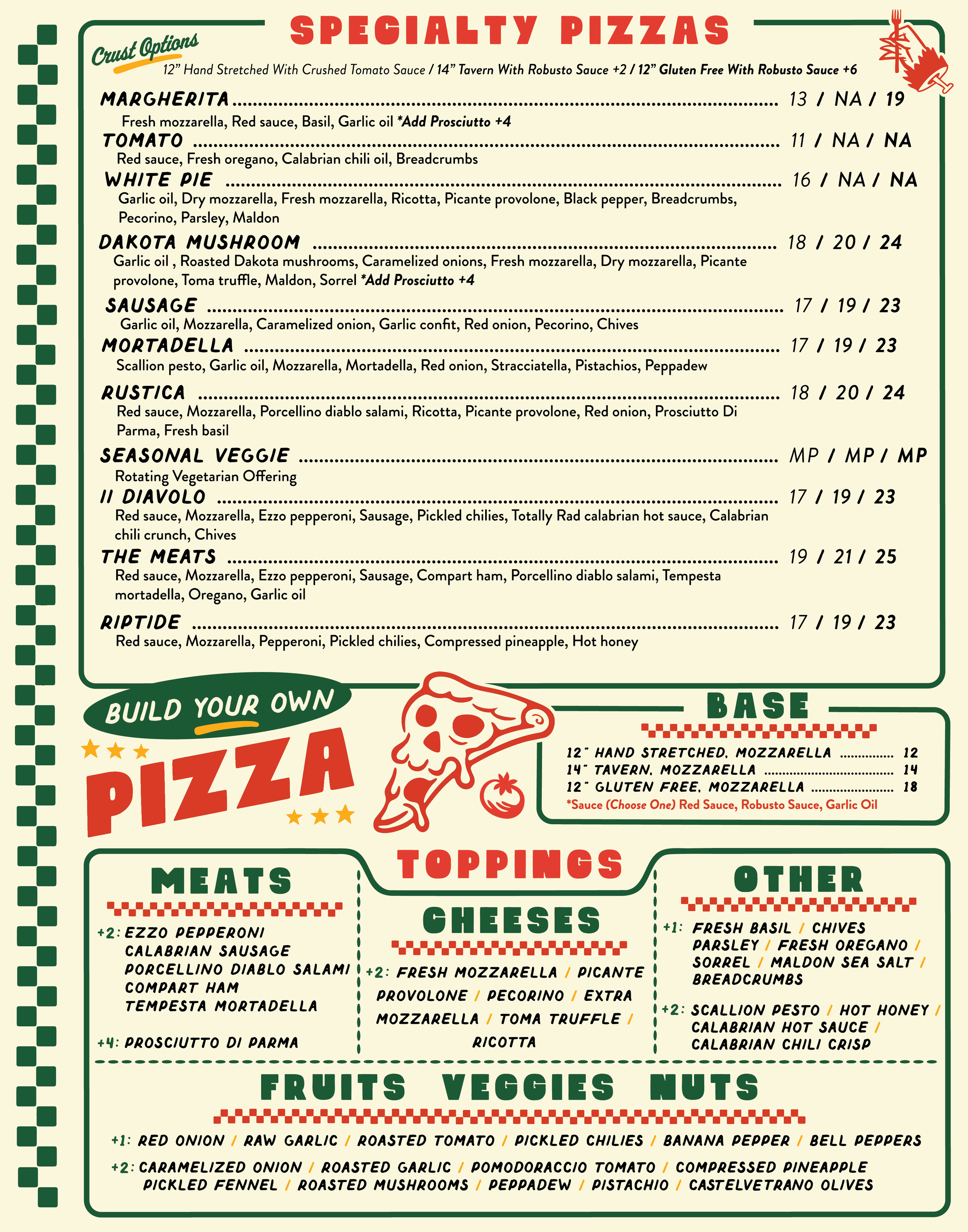Menu of specialty pizzas with various toppings and crust options, including Margherita, Tomato, White Pie, Dakota Mushroom, Sausage, Mortadella, Rustica, Seasonal Veggie, Diavolo, The Meats, and Rip Tide. The menu details ingredients and prices for each option.