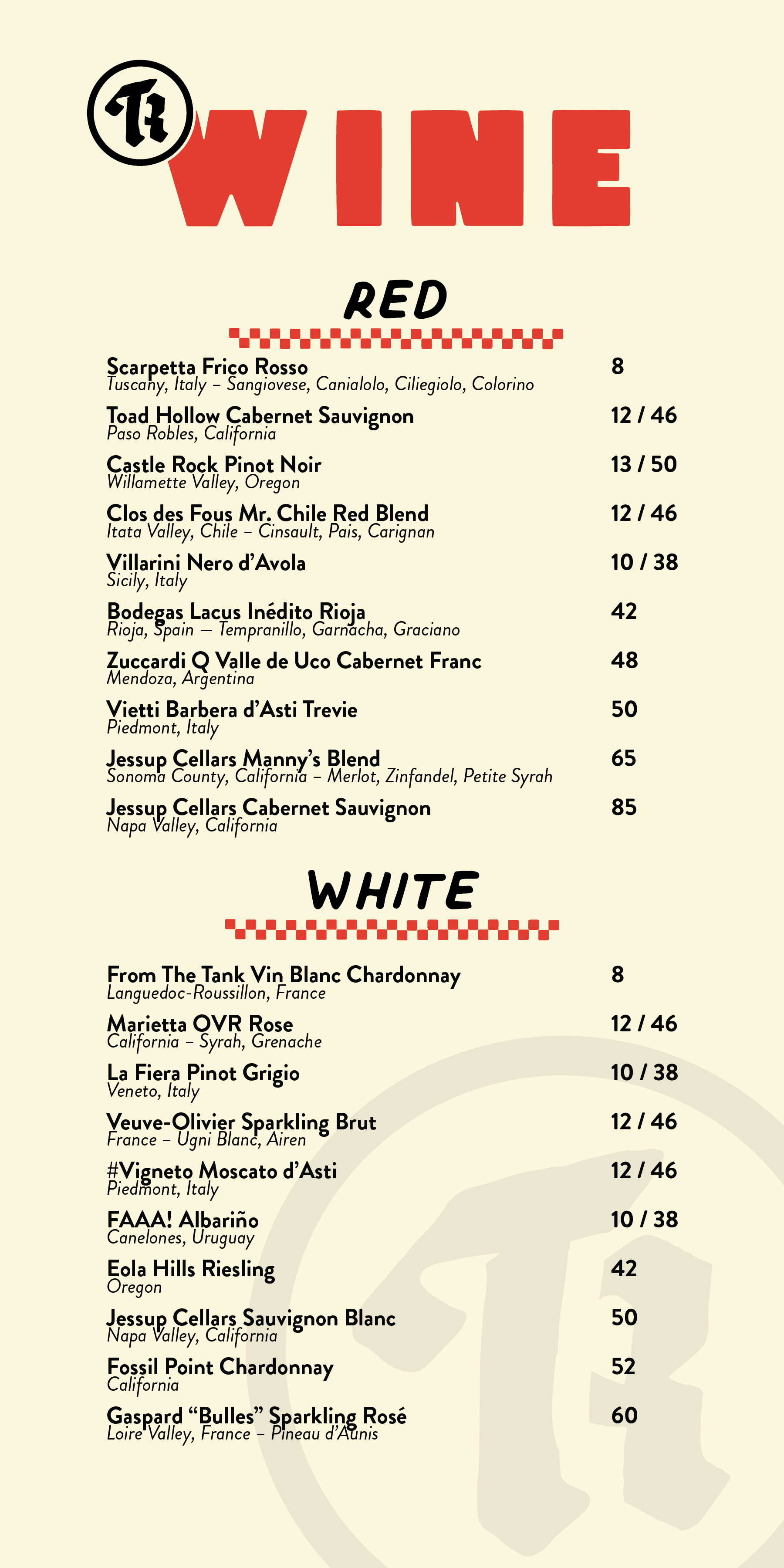 Wine menu with red and white wine options listed by name, region, and price, with decorative red checkered lines and wine glass icons.