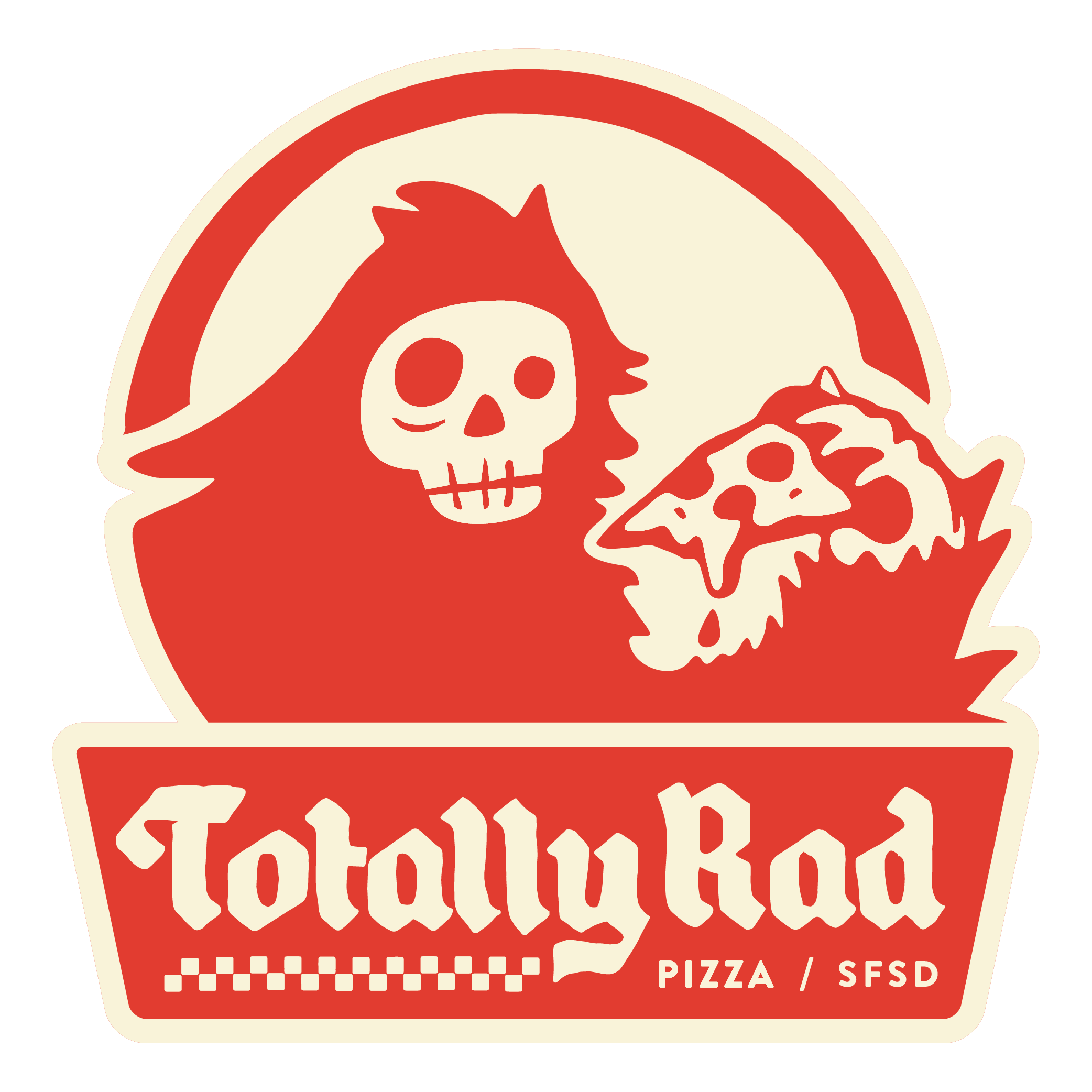 Logo of food establishment featuring a red skull with a pizza slice in its mouth, with the text "Toothsome" below, indicating pizza and salad in the description.