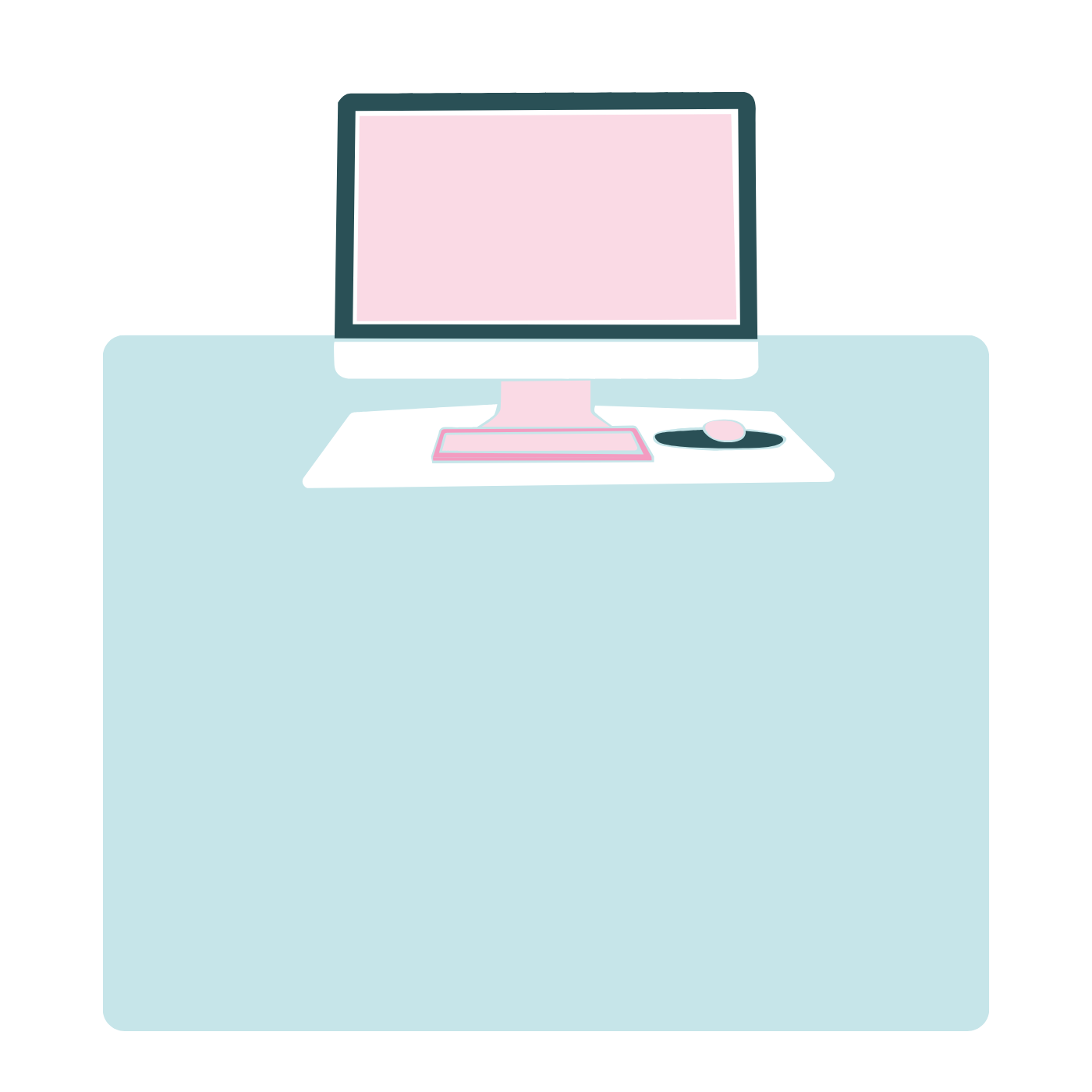 Digital drawing of a computer monitor, keyboard, and mouse on a desk, with a light blue background.