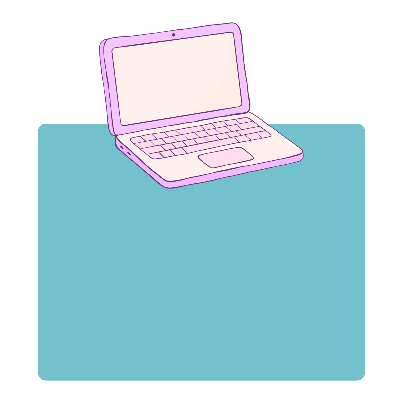 Illustration of a pink and purple laptop on a teal surface.