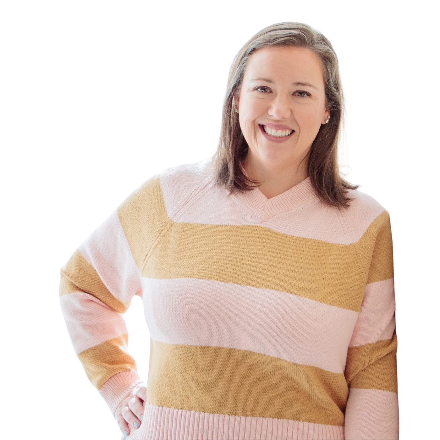 Portrait of a smiling woman with shoulder-length brown hair wearing a pastel striped sweater in shades of pink, beige, and yellow, standing with her hand on her hip.