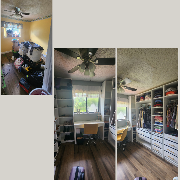 A cluttered room with a window, ceiling fan, and a white desk with a yellow chair, along with a large white shelving unit filled with shoes and clothes.