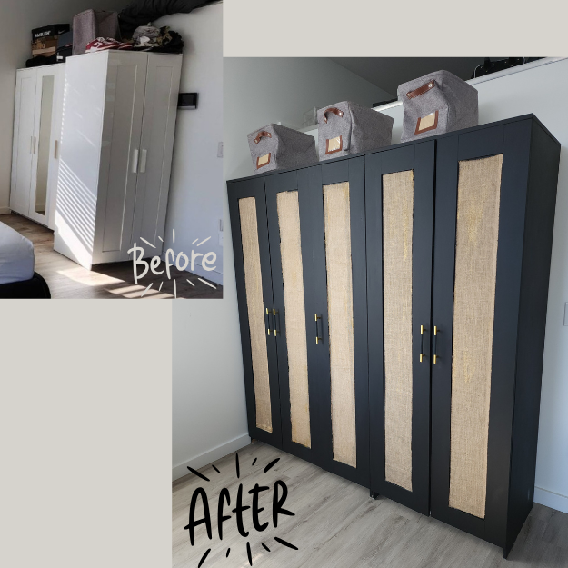 Side-by-side comparison of a wardrobe before and after a renovation, showing a plain white wardrobe on the left and a dark-colored wardrobe with woven panels on the right.