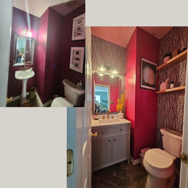 Two views of a bathroom with vibrant pink and patterned wall decor. The first view shows a white pedestal sink and a mirror with lights, while the second view features a vanity with a yellow flower arrangement, a framed artwork, and open shelves with decorative items.