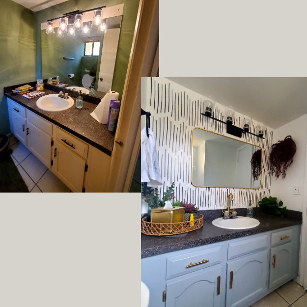 Two bathroom vanity areas with mirrors and sinks. The left features a green wall, white cabinetry, and a dark countertop with toiletries. The right has a wallpapered wall with vertical black lines, a gold-framed mirror, and a light blue cabinet with gold hardware. Decor includes a basket, plants, and dried flowers.