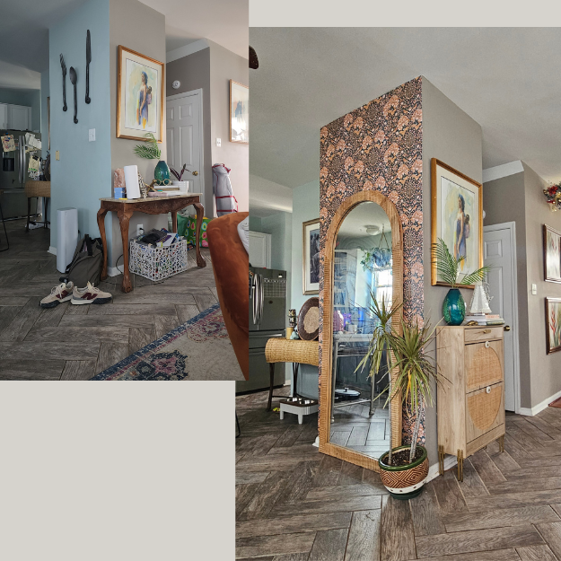 A living room corner with a decorated partition wall, a mirror, plants, artwork, and a wooden cabinet.