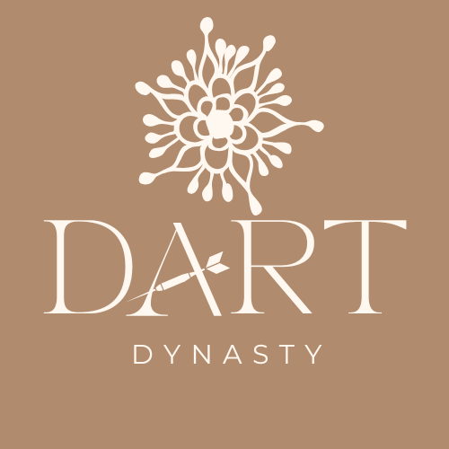 Logo for Dart Dynasty featuring a stylized flower or burst design above the words 'DART DYNASTY' on a beige background.