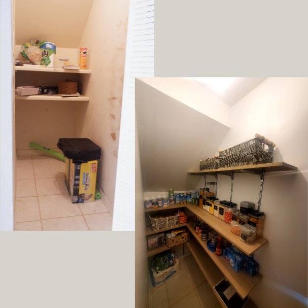 Pantry with shelves stocked with canned goods, snacks, and kitchen supplies, featuring a small wire rack on top shelf and organized containers on lower shelves.
