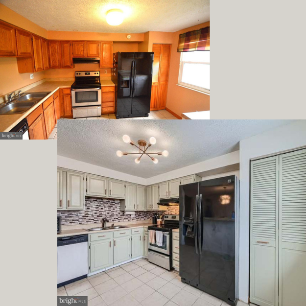 Comparison of two kitchens, top kitchen with wooden cabinets and black refrigerator, bottom kitchen with white cabinets, black refrigerator, and modern chandelier.