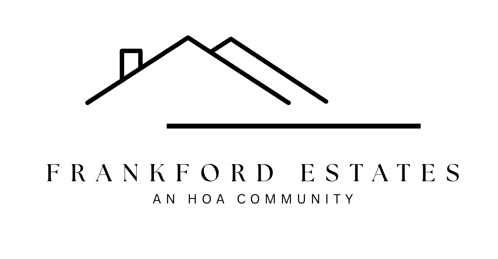 Logo of Frankford Estates, represented by a simple line drawing of a house roof and chimney with the text "Frankford Estates, An HOA Community" beneath.