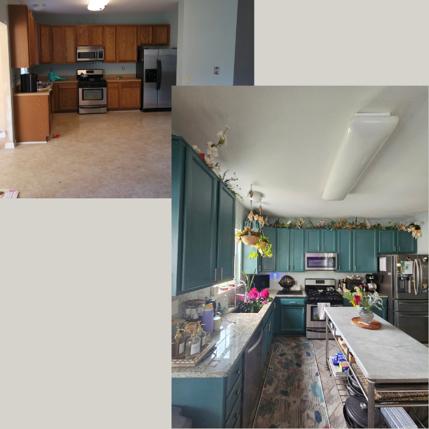 Split view of two kitchens: the top left shows a plain, sparsely decorated kitchen with brown wooden cabinets, a stove, microwave, and refrigerator; the bottom right features a colorful kitchen with teal cabinets, floral decorations, a hanging plant, and various kitchen appliances and decor.