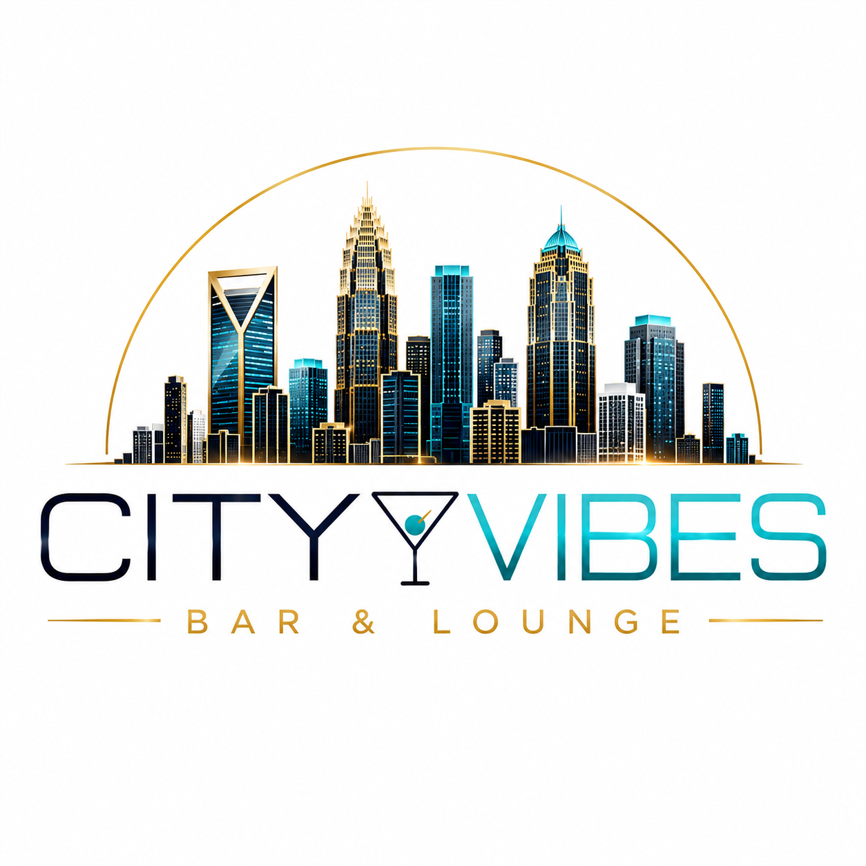 Logo of City Vibes Bar & Lounge featuring a city skyline with tall buildings and a gold arch, with the name 'CITY VIBES' and a martini glass icon.