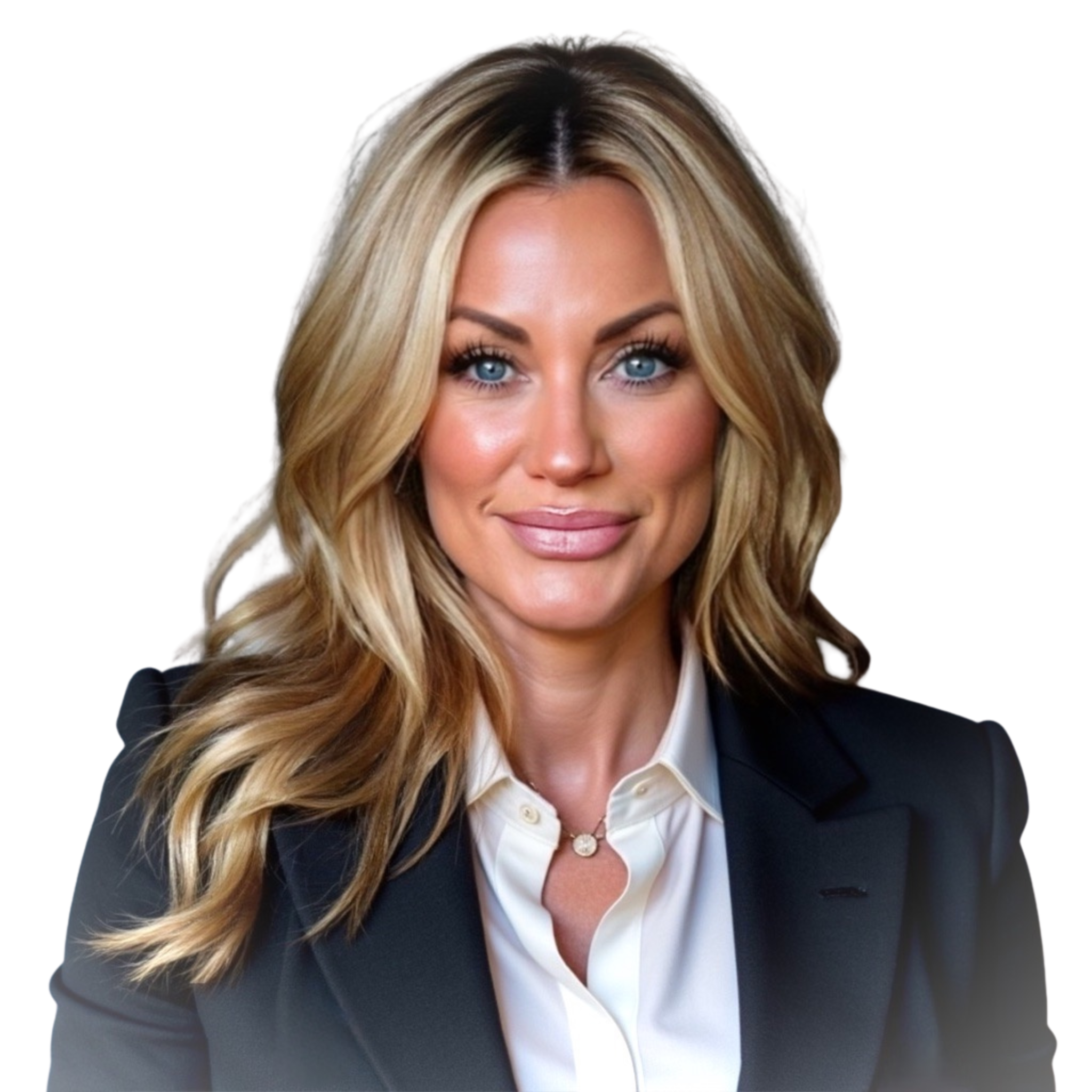 Close-up of a woman with long blonde hair, blue eyes, wearing a white shirt and dark blazer, smiling confidently.