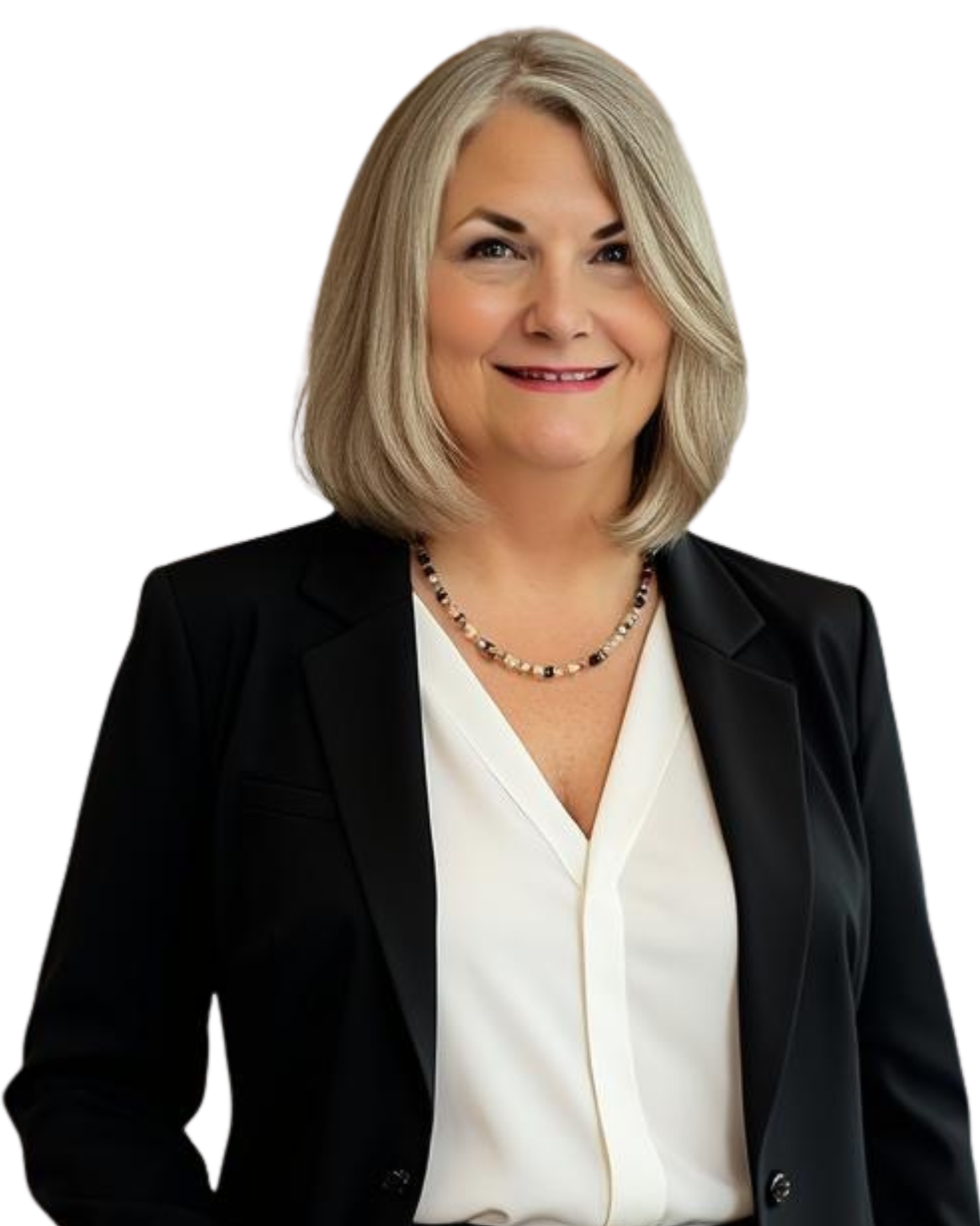Portrait of a smiling middle-aged woman with blonde hair, wearing a black blazer and white blouse, accessorized with a beaded necklace.