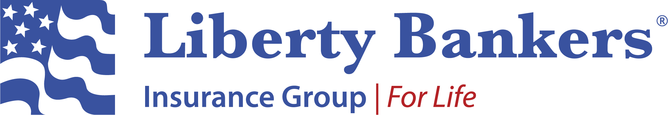 Liberty Bankers Insurance Group logo with blue flag and stars, and the slogan 'For Life' in red.
