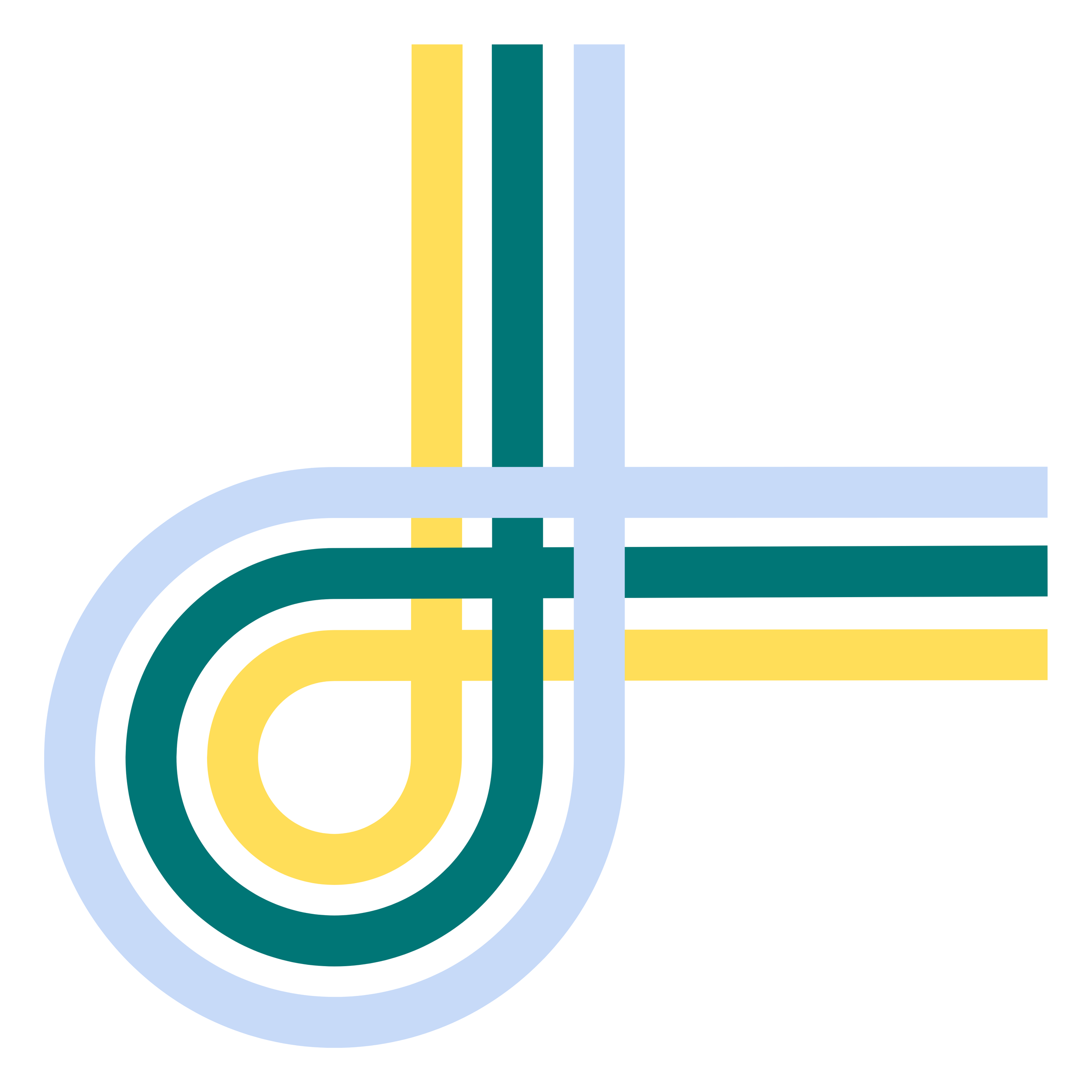 Abstract geometric design with concentric circles and vertical lines in yellow, teal, and light blue colors.
