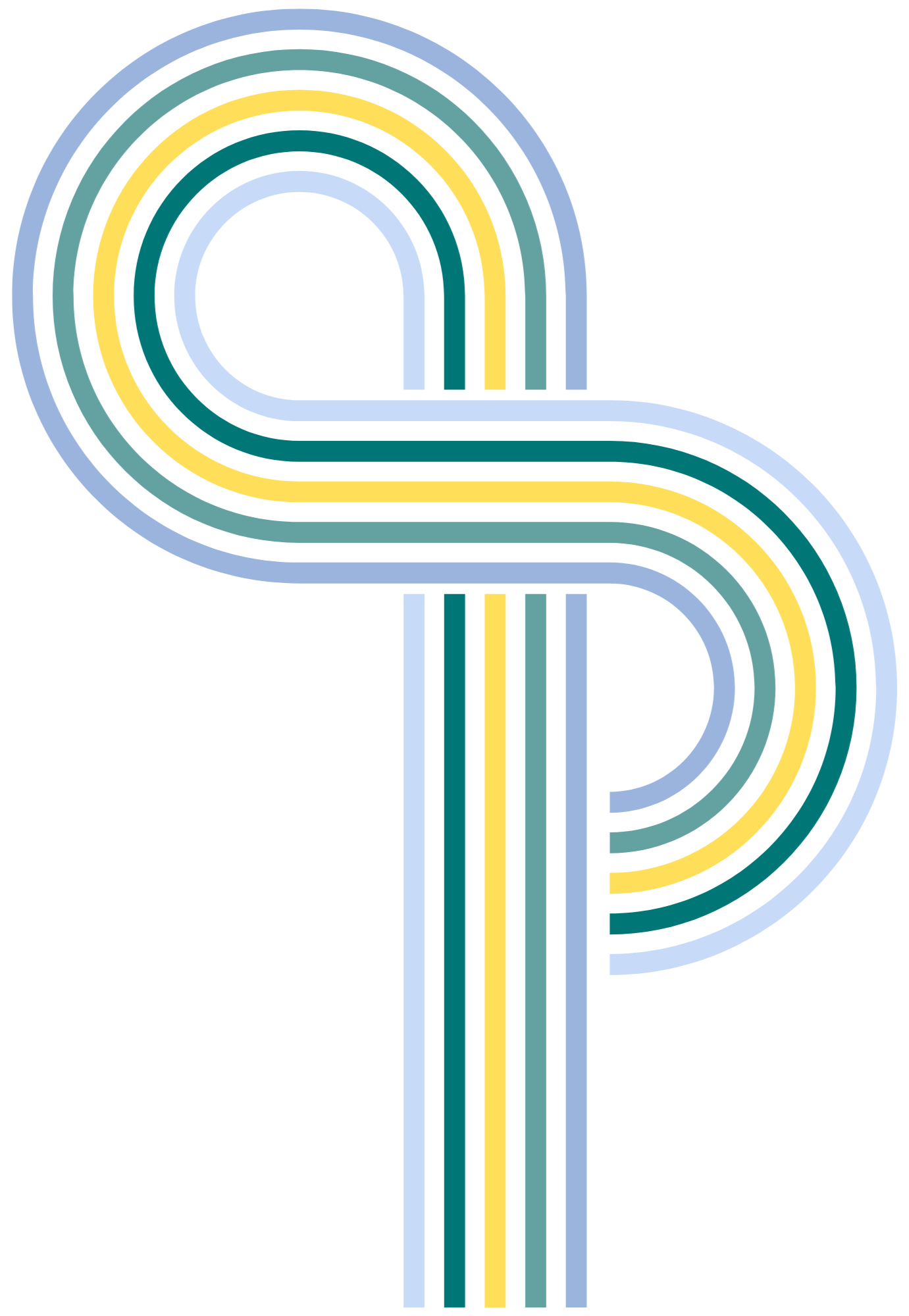Colorful abstract rainbow pattern with multiple parallel lines forming arches and curves in shades of blue, yellow, green, and white.