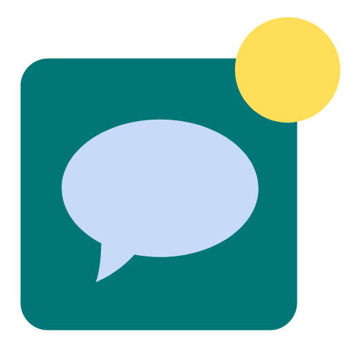 Icon of a speech bubble inside a dark teal square with rounded corners, and a yellow circle in the top right corner.