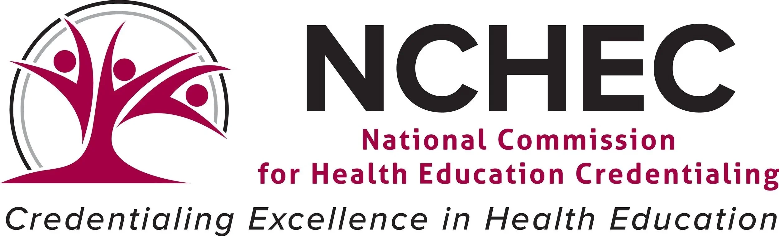Logo for NCHEC (National Commission for Health Education Credentialing) featuring stylized purple tree and human figures with text emphasizing health education credentialing