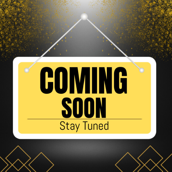 A sign that says "Coming Soon" and "Stay Tuned" with a black and yellow color scheme, hanging from a string, with a black background and gold decorative accents.