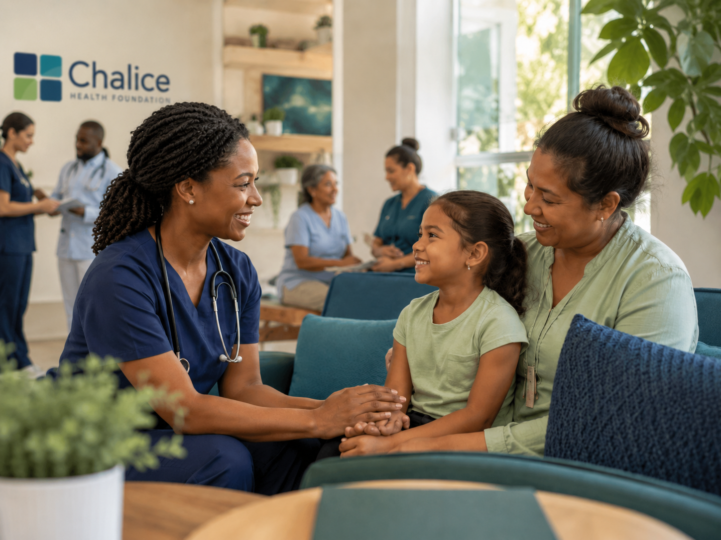 A nurse talking to a mother and her daughter in a medical clinic or health center, with other staff and patients in the background.