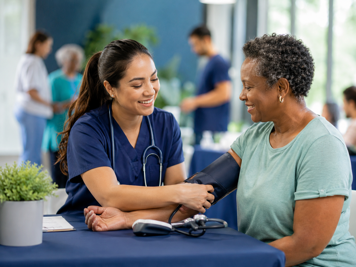 A healthcare professional, wearing blue scrubs, taking an elderly woman's blood pressure in a medical setting. The woman is smiling and sitting at a table with a small plant in a pot and a clipboard.