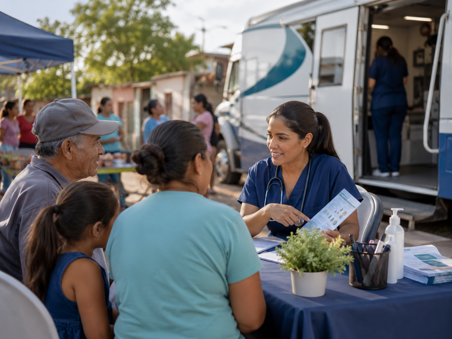 A female healthcare professional in blue scrubs consulting with a family of four at a community health event outdoors, with a mobile clinic in the background.