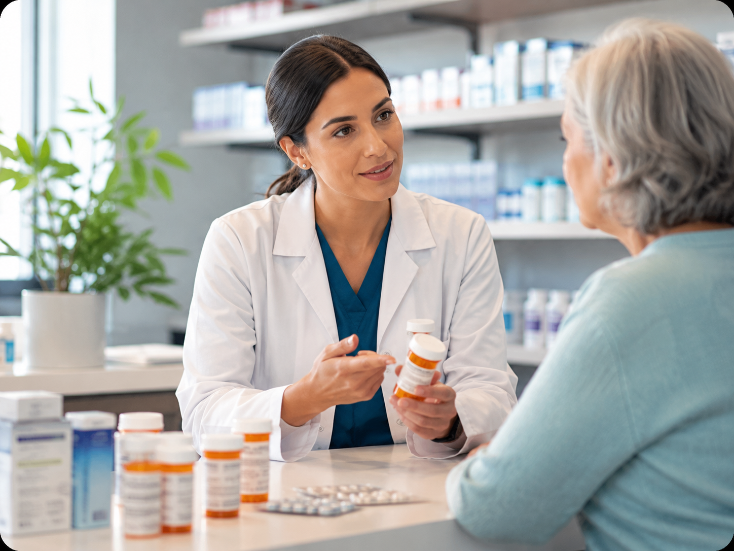 A female healthcare professional with dark hair in a ponytail, wearing a white lab coat, speaking to an older female patient with gray hair in a pharmacy or medical office. The professional is holding prescription bottles, with more bottles and pill blister packs on the table.