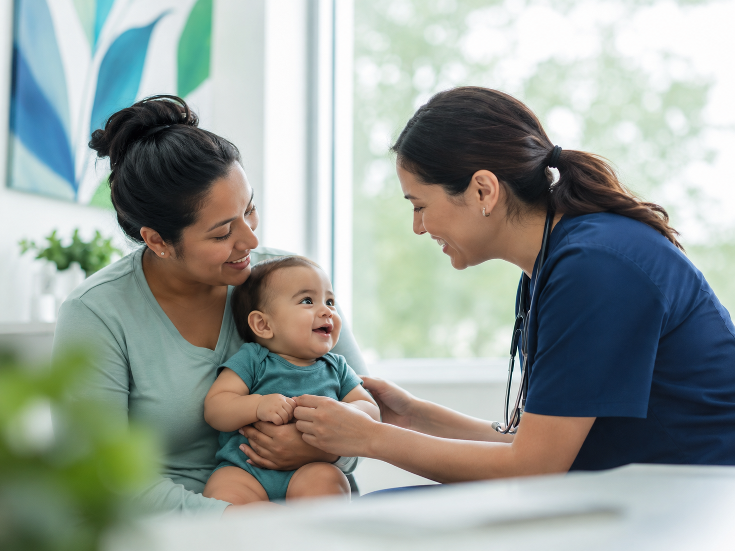 A smiling baby, a mother, and a pediatrician in a medical office, engaging in a friendly interaction.