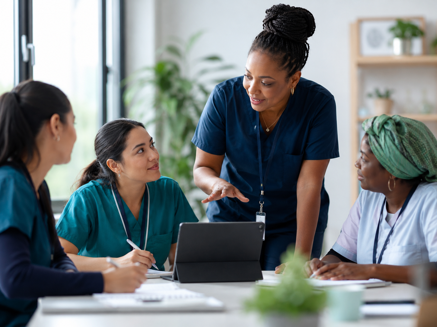 A diverse group of healthcare professionals are having a discussion in a well-lit conference room. One woman is standing and speaking to the others, who are seated around a table with laptops and notebooks.