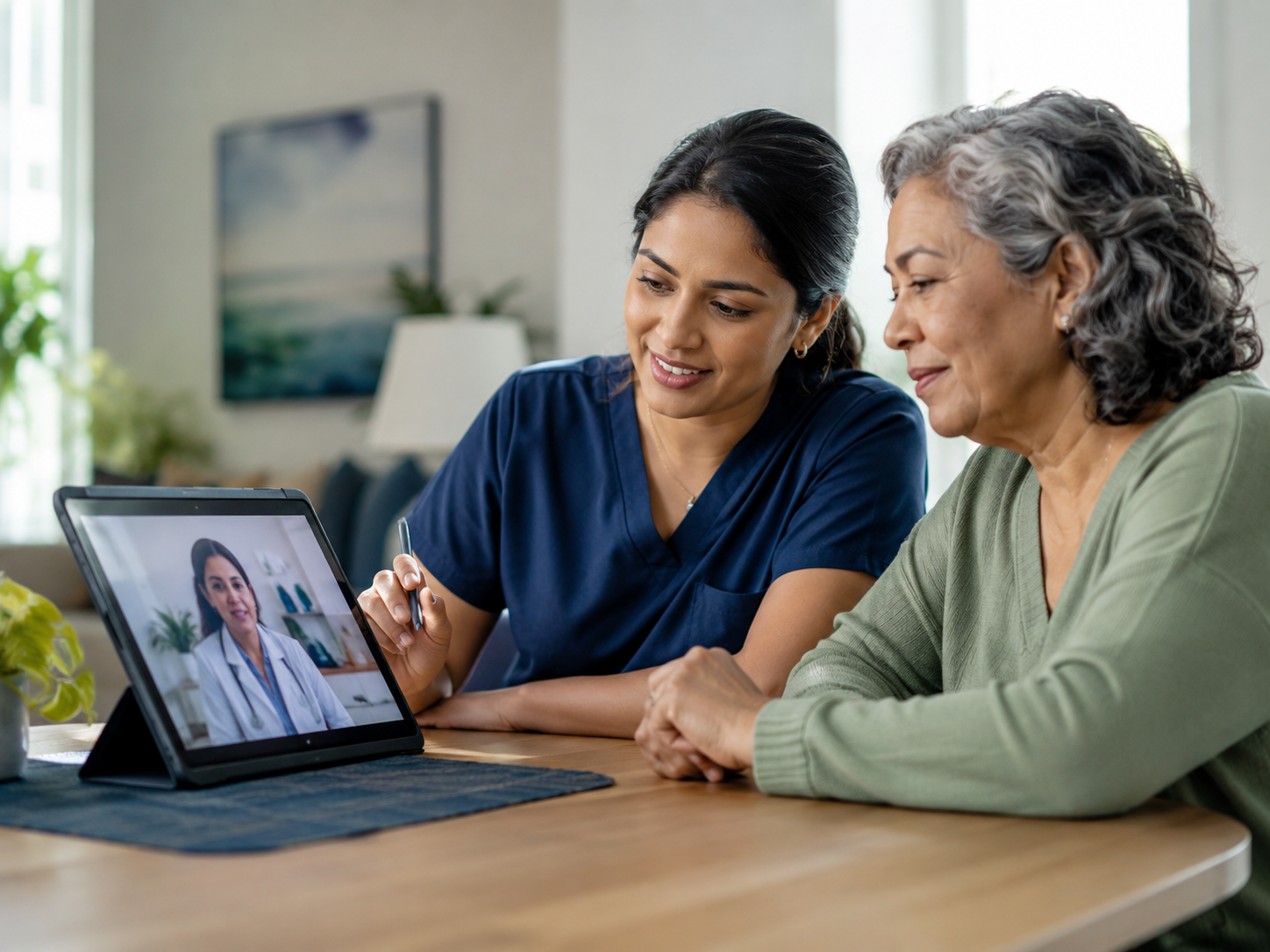 A nurse and an elderly woman engaging in a video call with a female doctor on a tablet.