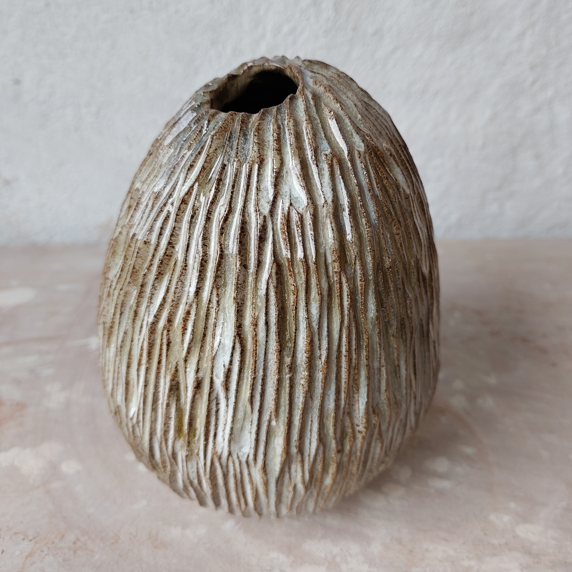 Egg vase with texture and ash glaze
