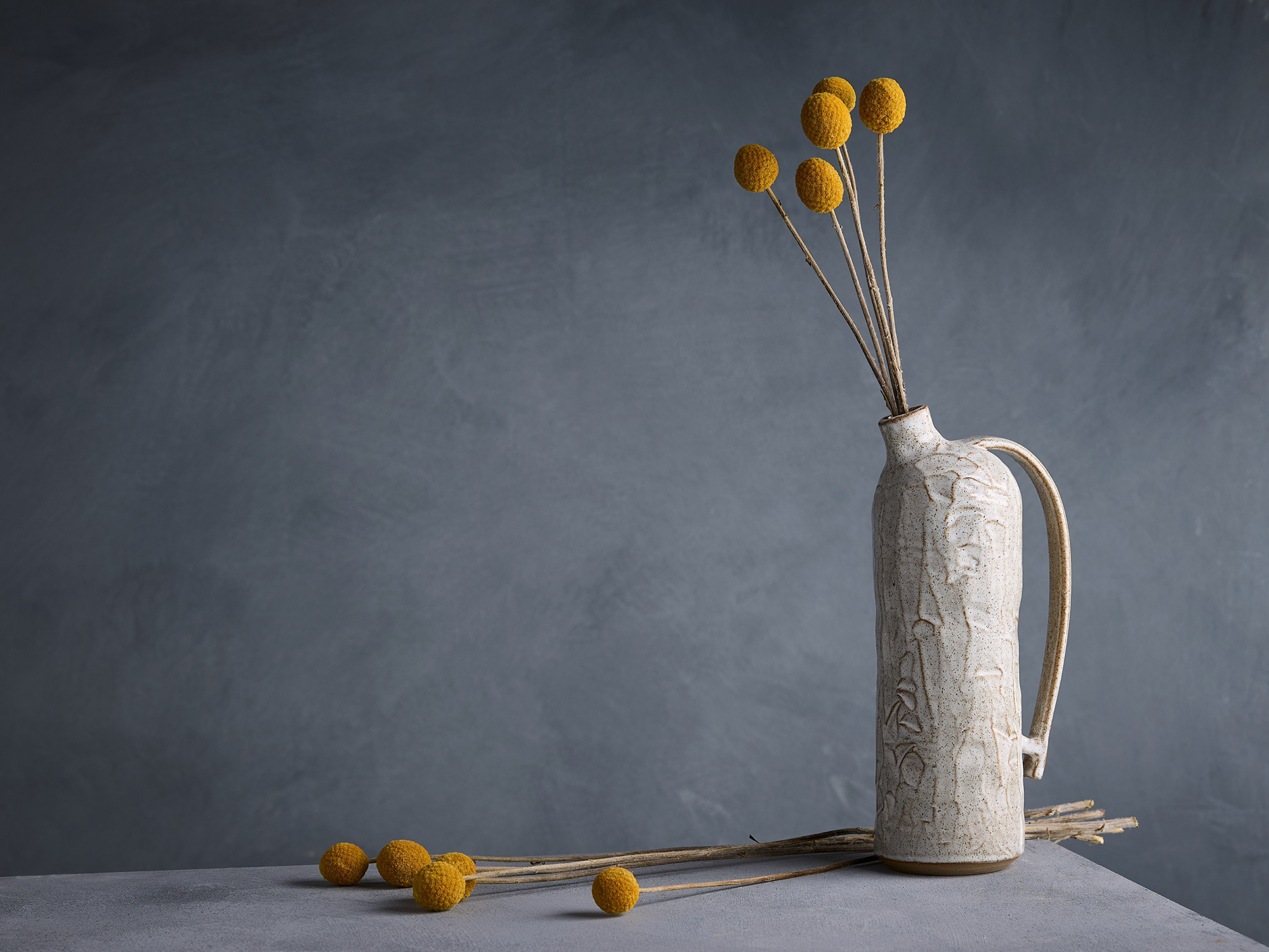 A white ceramic vase holding dried yellow billy buttons flowers, with some flowers lying on the surface around the vase, set against a gray background.